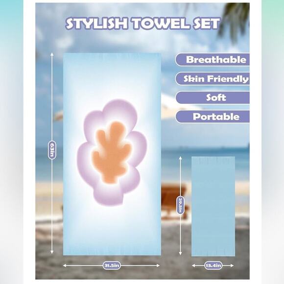 2 pc Microfiber Beach Towels Sand Free Quick Dry Towel Set Lightweight Compact - Picture 4 of 6